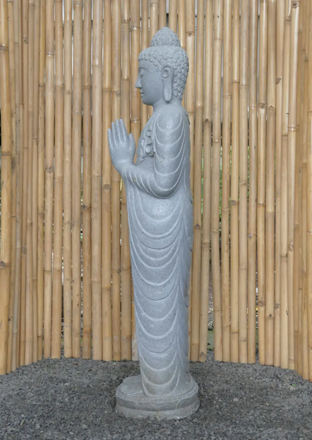  Product image 3 of the product “Standing Buddha made of Riverstone, position Namaskara , H. 151cm. ”